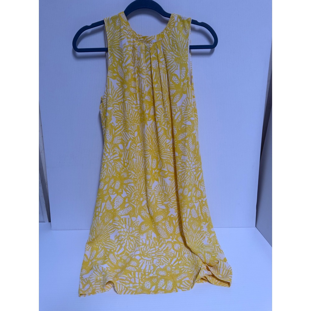 HM Yellow White Floral Sleeveless Shift Dress Pleated Neck Tie Back Size 6